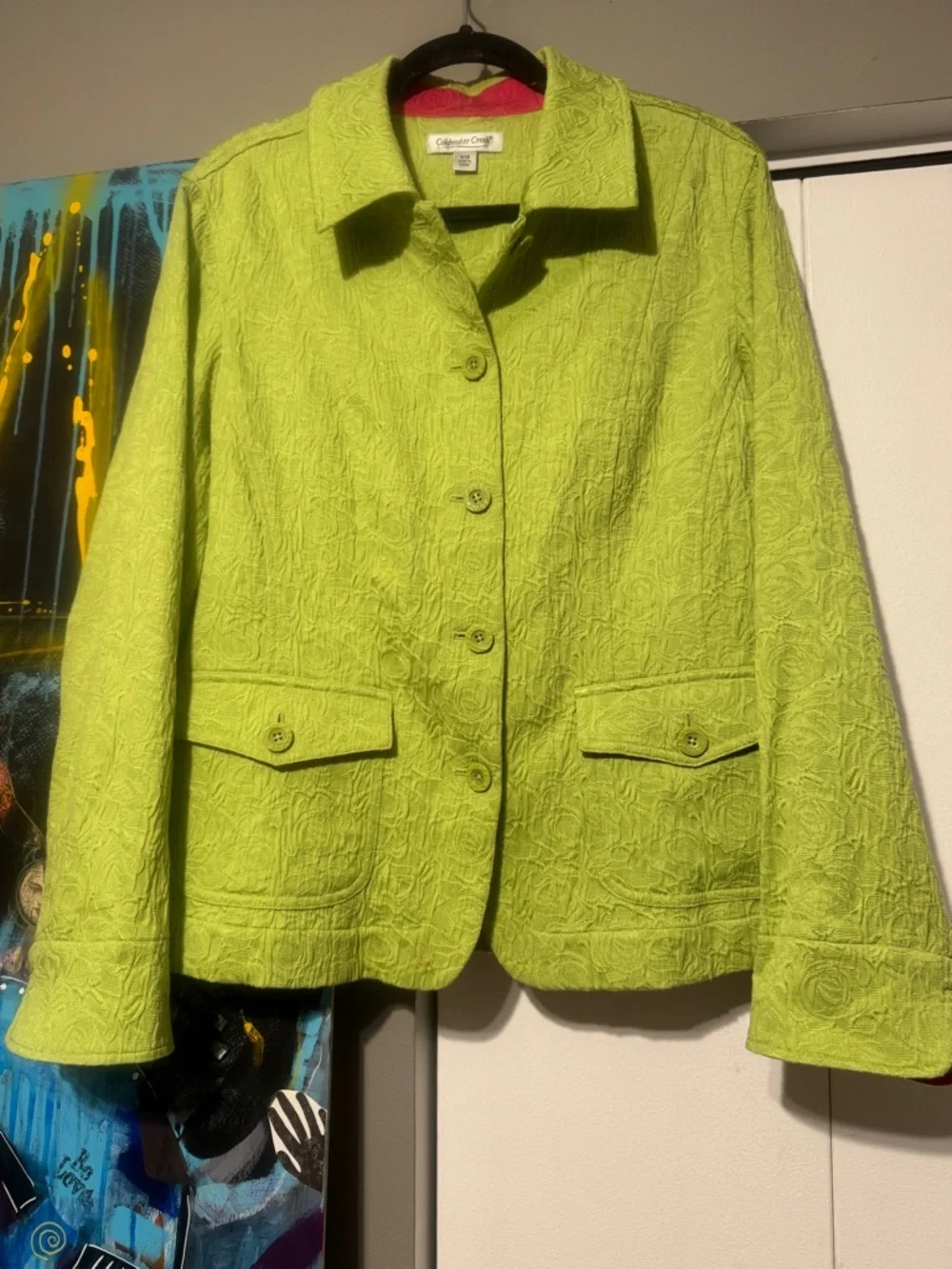 Coldwater Creek 18W Lime Green Jacquard Spring Jacket Pink Trim Preppy - Picture 2 of 9
